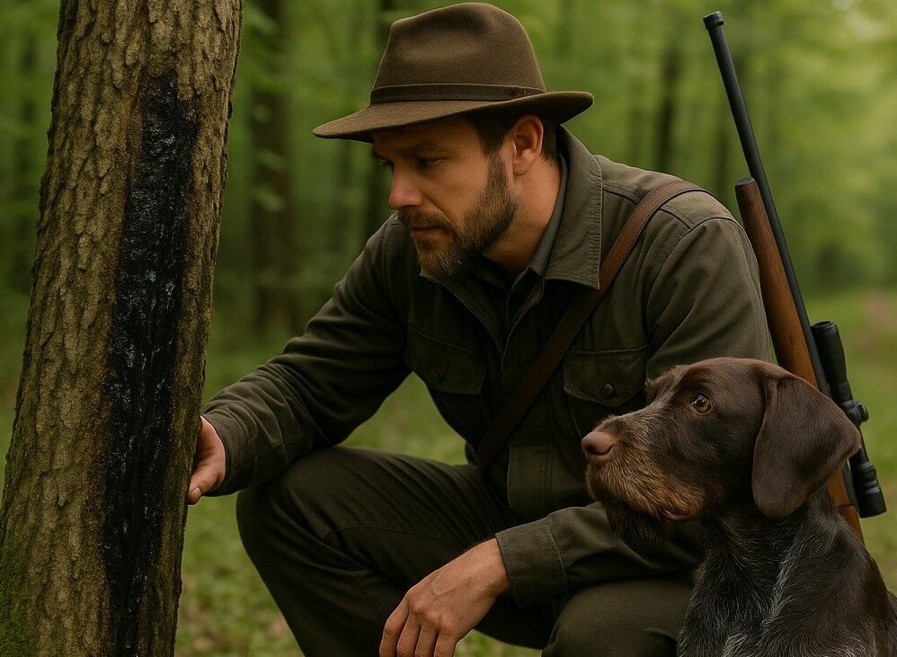 Jäger im Wald mit Jagdhund und Gewehr Ein Jäger im Wald betrachtet einen Baumstamm, während er einen Jagdhund an seiner Seite hat. Er trägt ein Gewehr und ist in Jagdkleidung gekleidet.