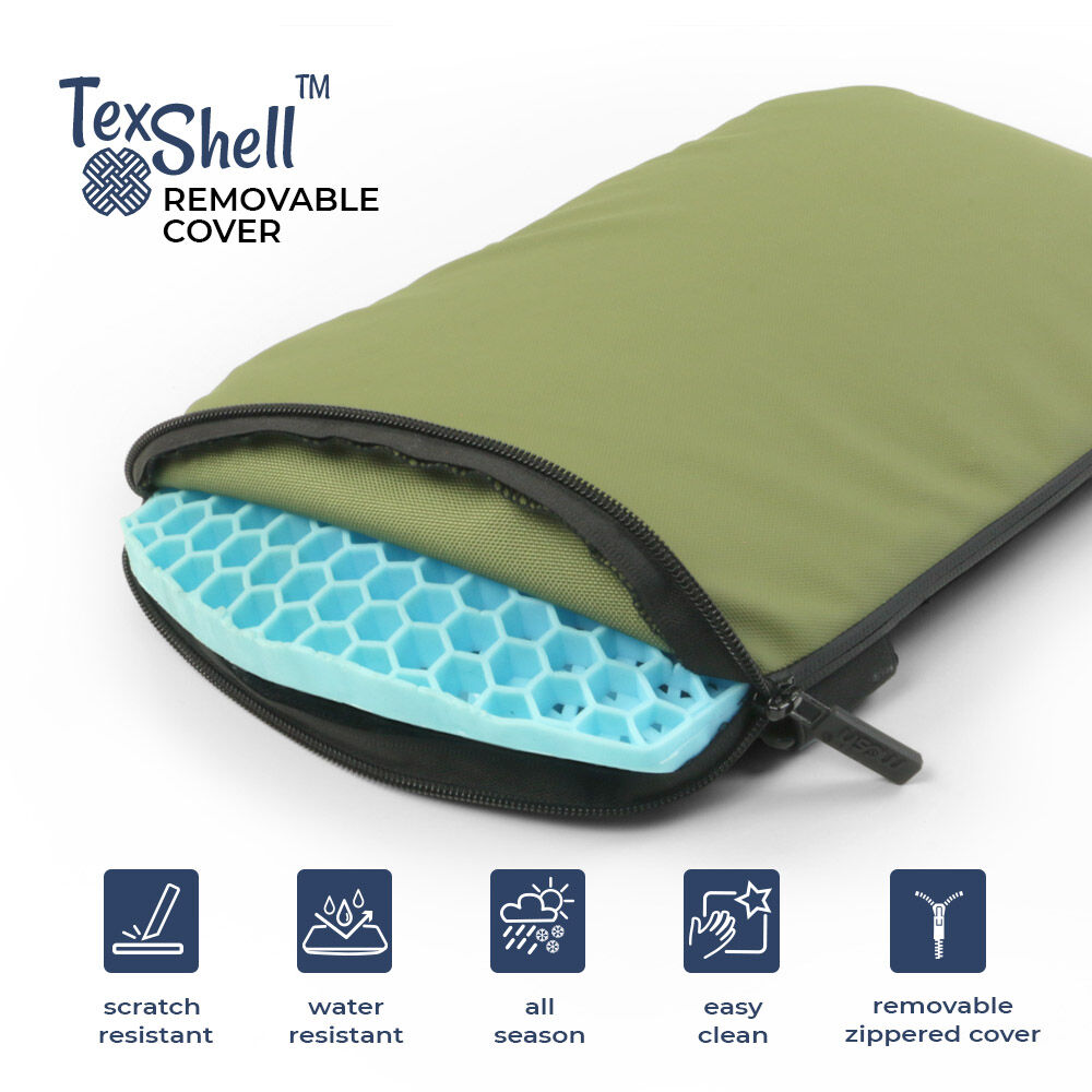 Offenes TexShell Kissen mit grünem, abnehmbarem Bezug und blauer Gel-Schicht, kratzfest und wasserabweisend