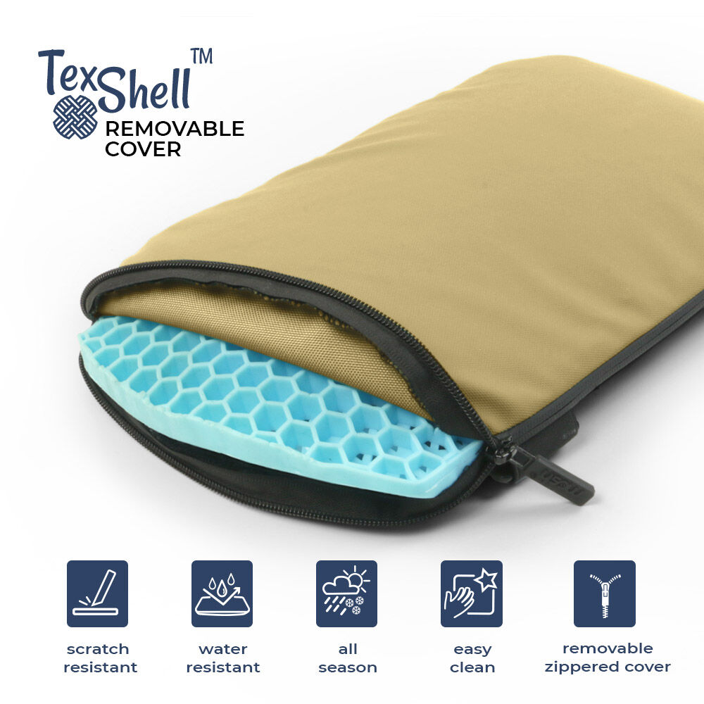 Eine TexShell™ Schutzhülle mit abnehmbarem Reißverschluss und blauer Wabenstruktur im Inneren, resistent gegen Kratzer und wasserabweisend.