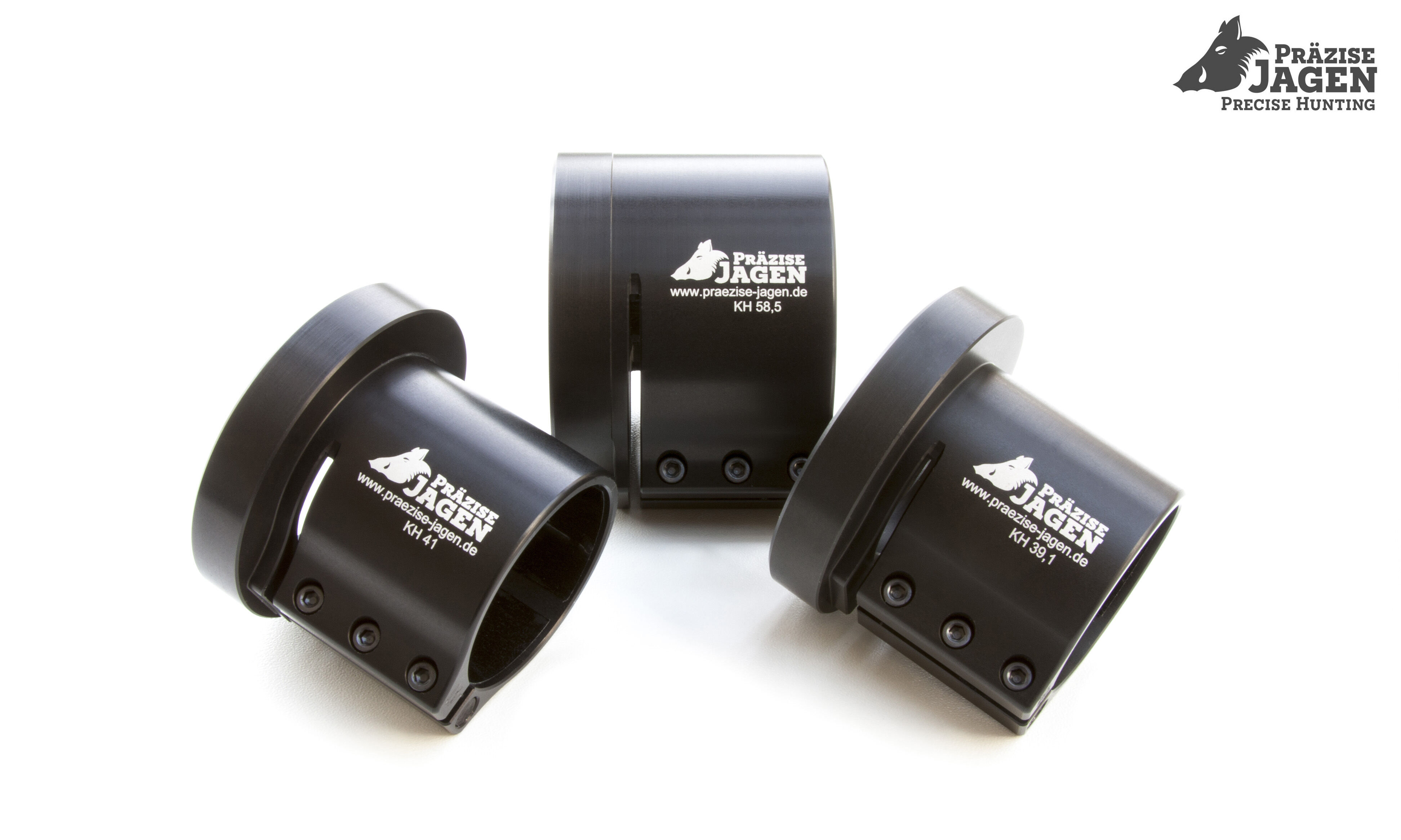 Drei schwarze Montagehalterungen von Präzise Jagen für Zielfernrohre, Modelle KH 41, KH 58,5 und KH 39,1.