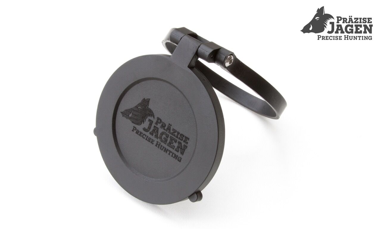 Schwarze Schutzkappe für Zielfernrohr mit Logo 'Präzise Jagen'