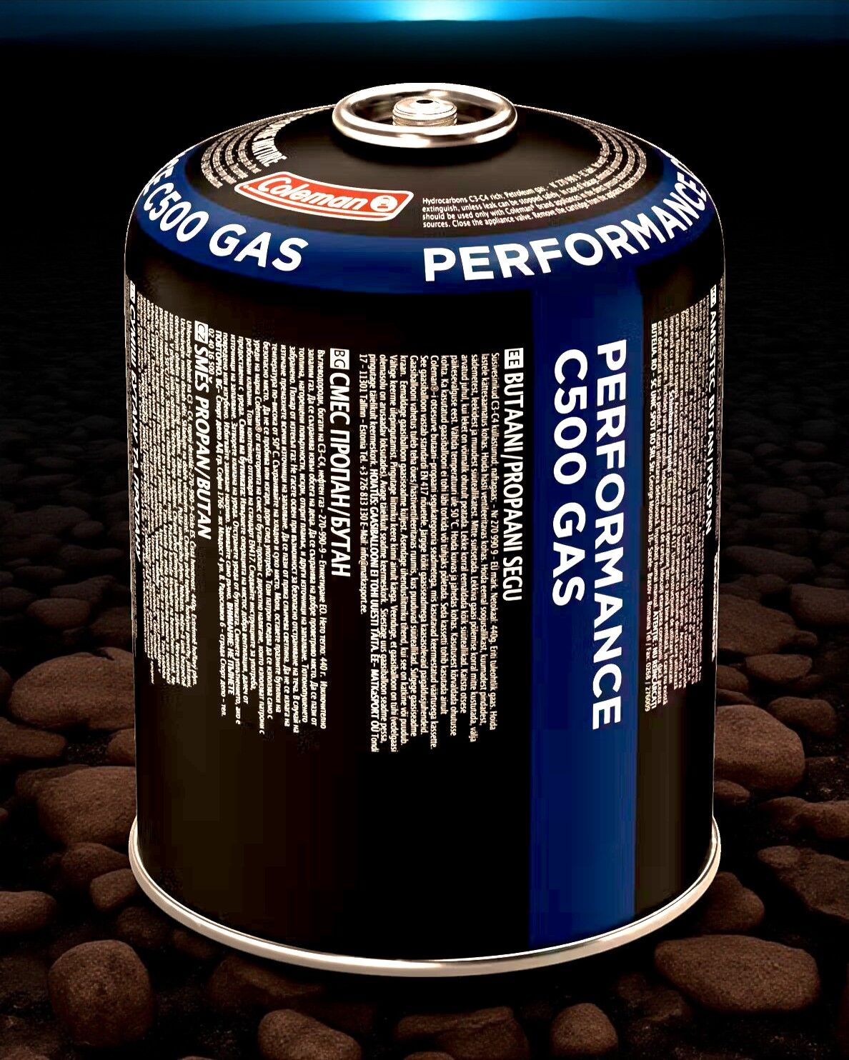 Coleman Performance C500 Gaskartusche auf Felsenhintergrund