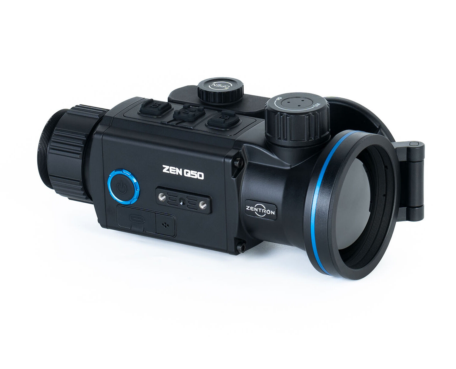 Seitenansicht des Zen Q50 Nachtsichtgeräts mit blauen Akzenten für Outdoor-Anwendungen