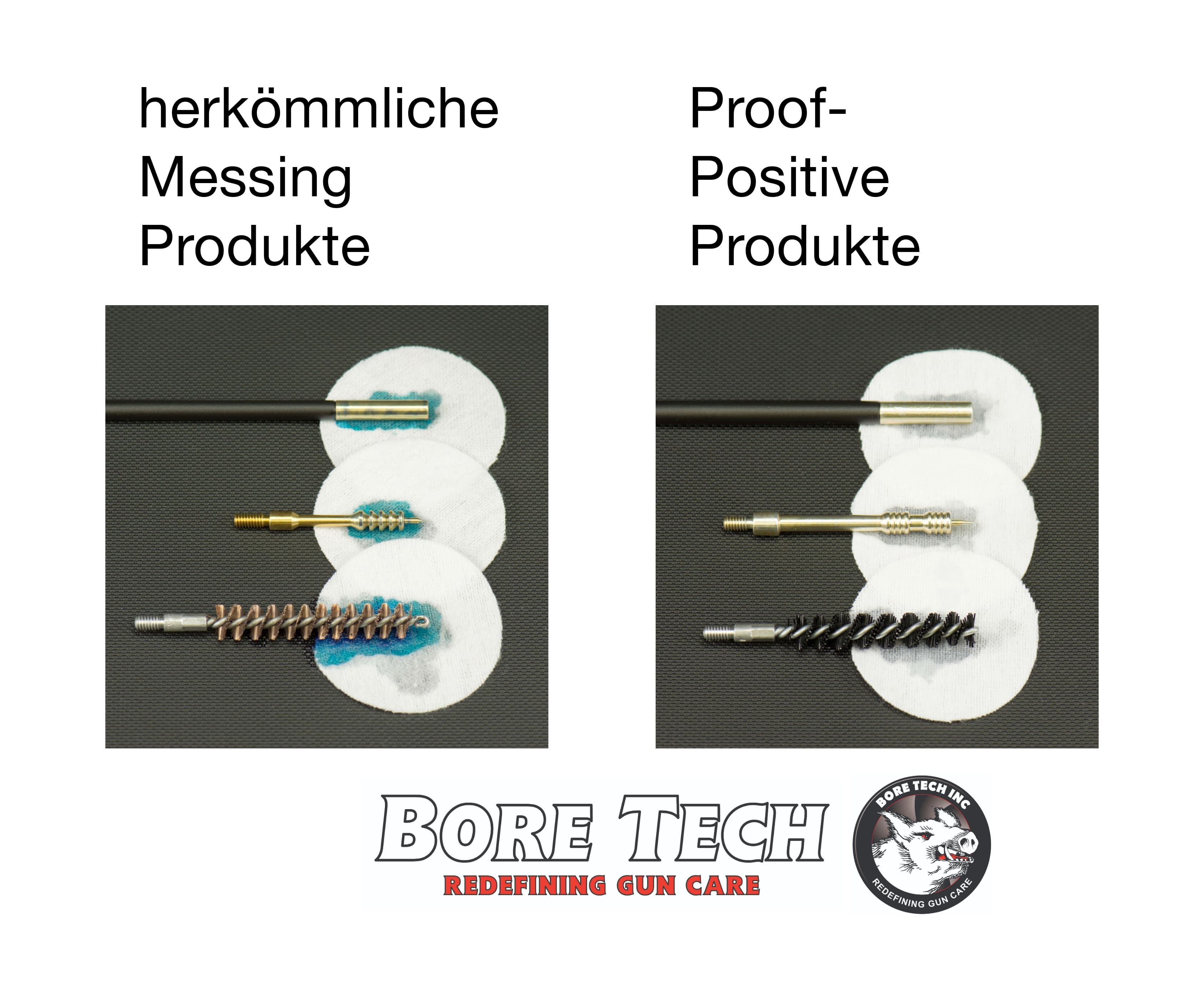 Vergleich von herkömmlichen Messing- und Proof-Positive Reinigungsprodukten Bildvergleich von herkömmlichen Messingprodukten und Proof-Positive Produkten zur Waffenreinigung mit verschiedenen Bürsten und Stäben.
