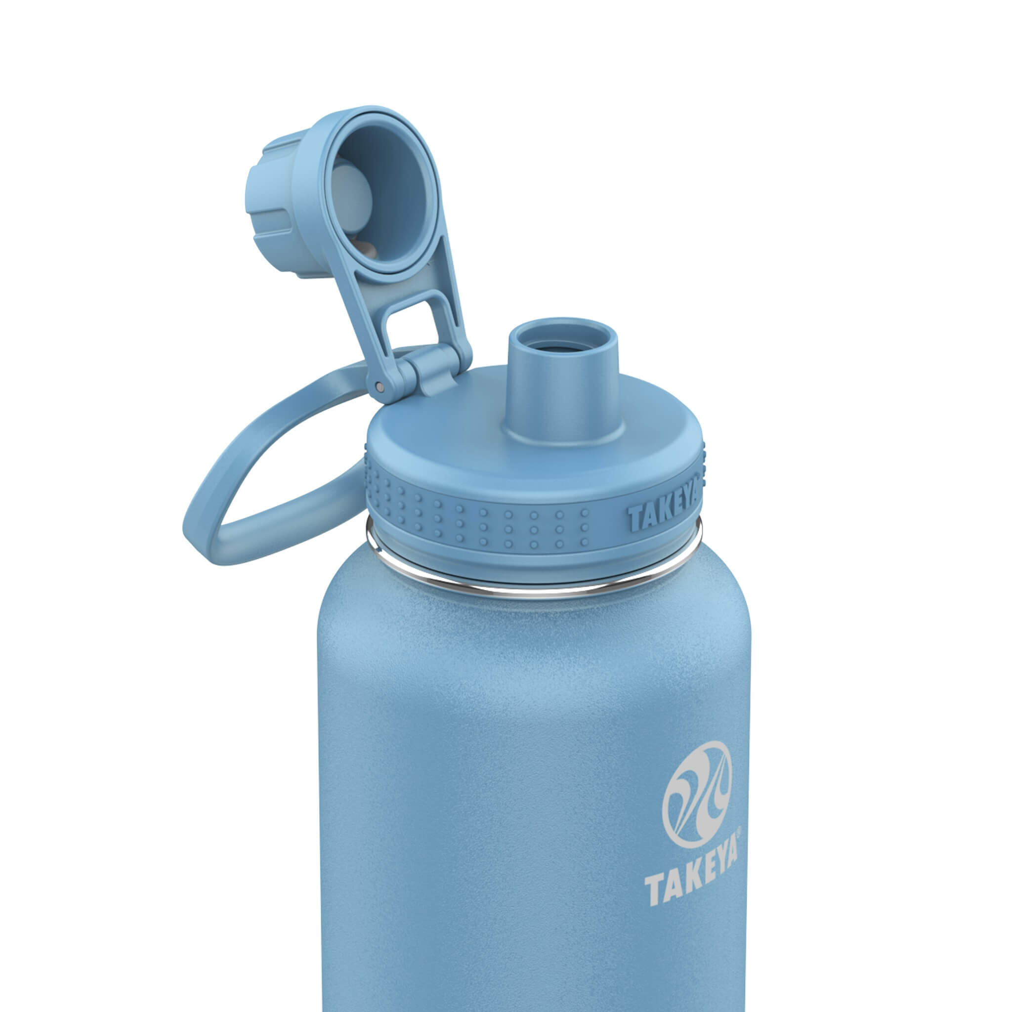 Detailaufnahme einer blauen, isolierten Trinkflasche mit praktischem Trinkverschluss von Takeya