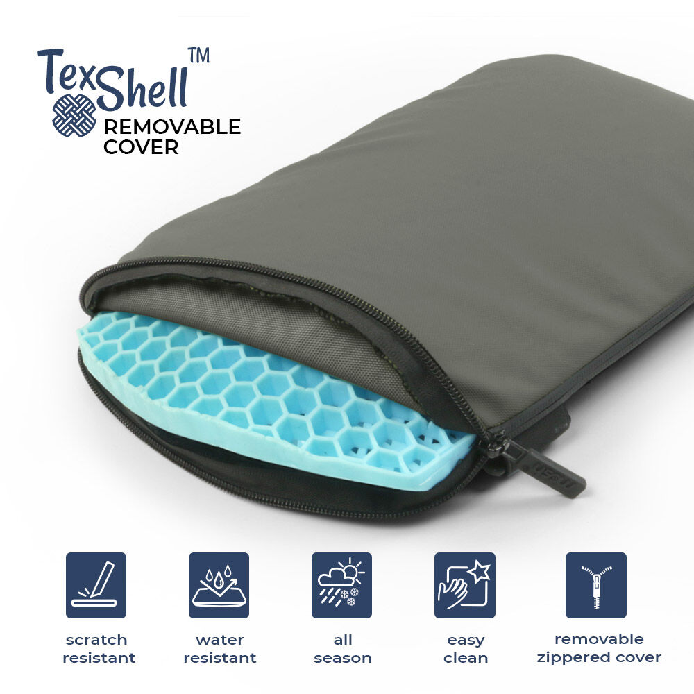 TexShell™ Kissen mit kratzfestem, wasserabweisendem und abnehmbarem Bezug. Blaue Wabenstruktur sichtbar unter dem geöffneten Reißverschluss.