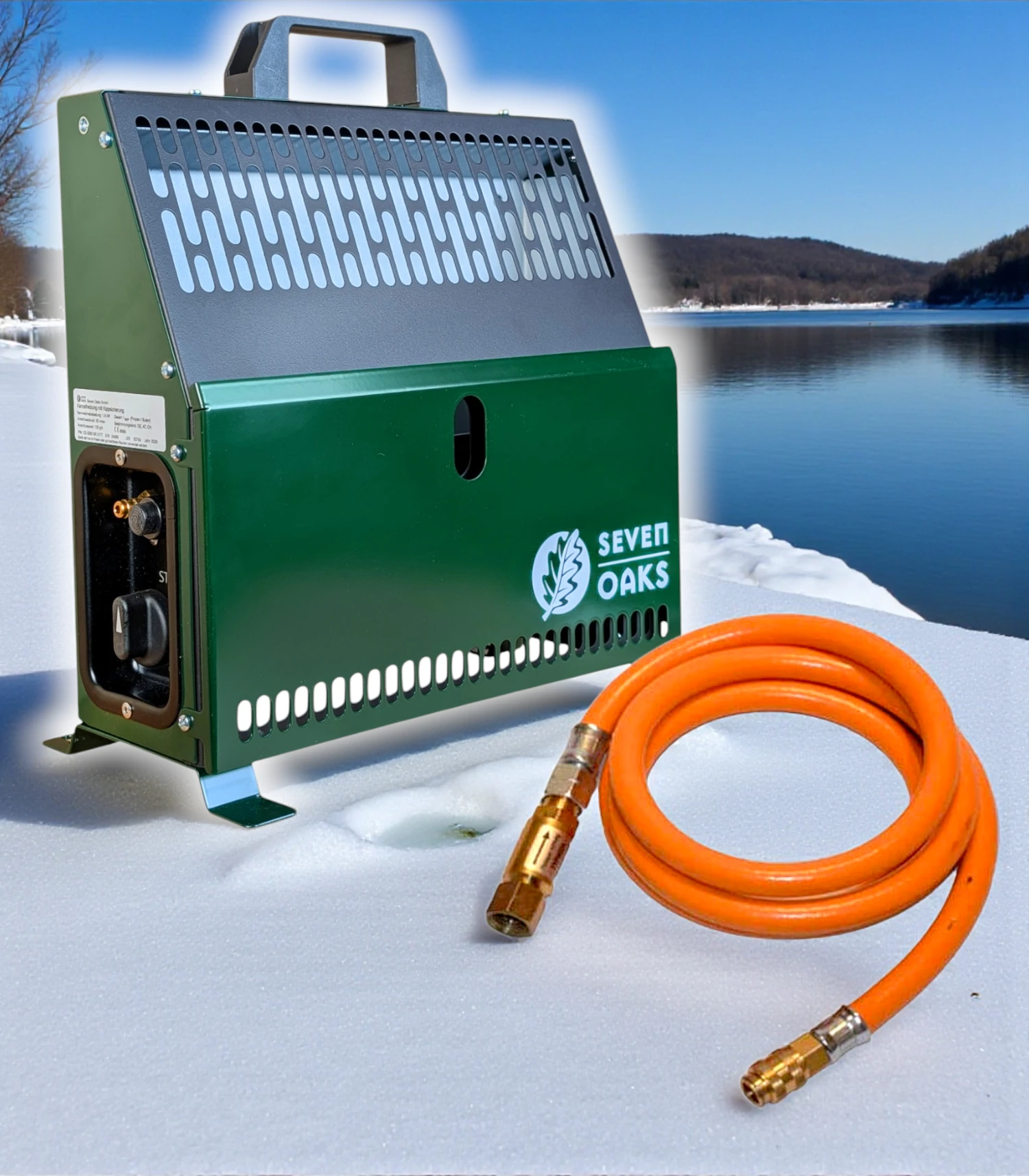 Grünes Seven Oaks Heizgerät mit orangefarbenem Anschlussschl