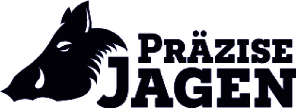 Logo von Präzise Jagen mit Wildschwein-Silhouette Schwarzes Logo von Präzise Jagen, das eine Wildschwein-Silhouette und Text beinhaltet