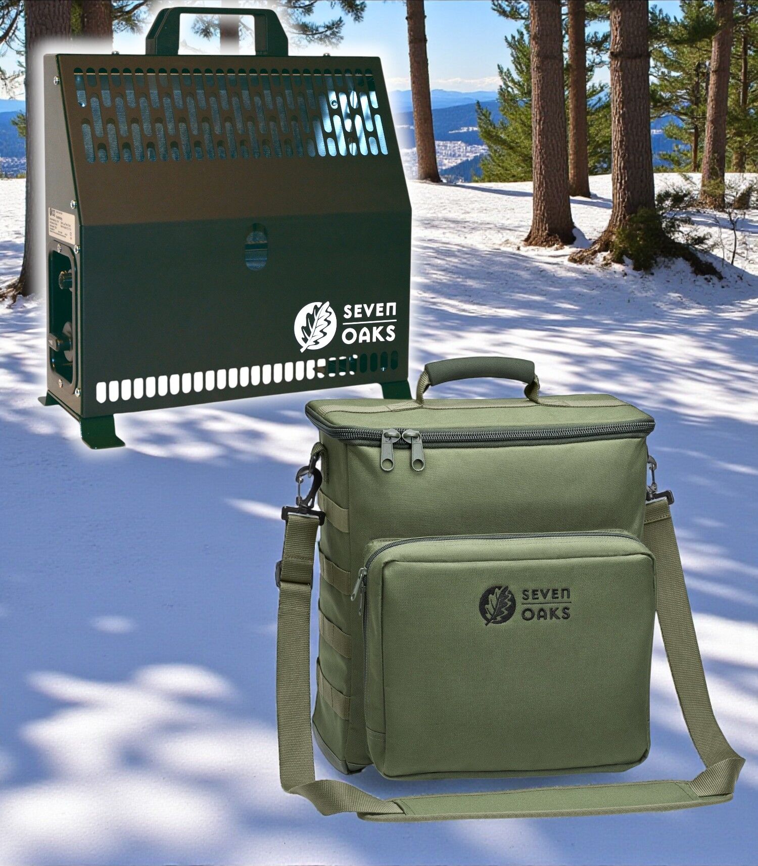 Tragbare grüne Heizung und passende Kühltasche von Seven Oaks, platziert auf schneebedecktem Waldboden mit Tannen im Hintergrund.