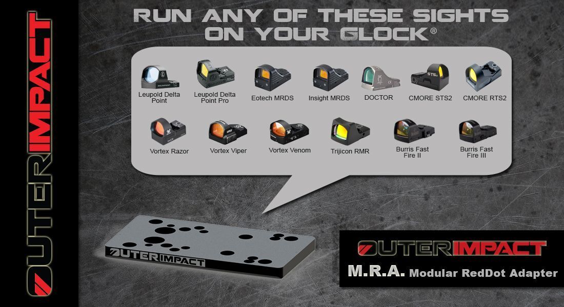 Panel mit verschiedenen Zielfernrohren und OuterImpact M.R.A. Modular RedDot Adapter für Glock-Pistolen