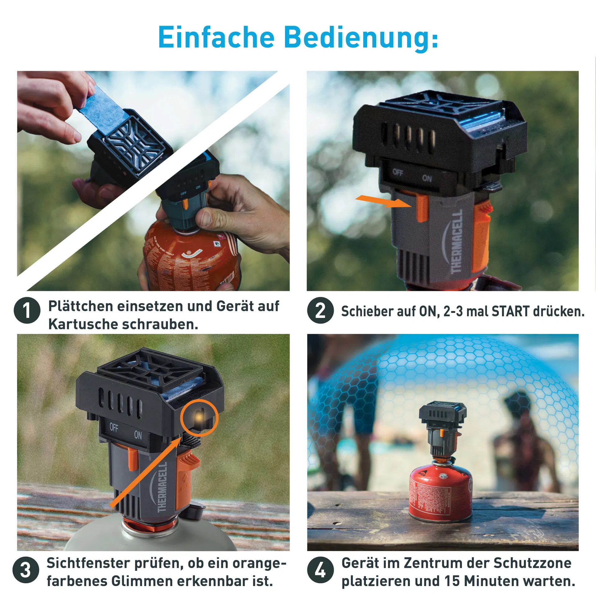 Schritt-für-Schritt-Anleitung zur Nutzung eines Thermacell Insektenschutzgeräts: 1. Plättchen einsetzen und Gerät auf Kartusche schrauben. 2. Schieber auf ON, 2-3 mal START drücken. 3. Sichtfenster prüfen, ob ein orangefarbenes Glimmen erkennbar ist. 4. G