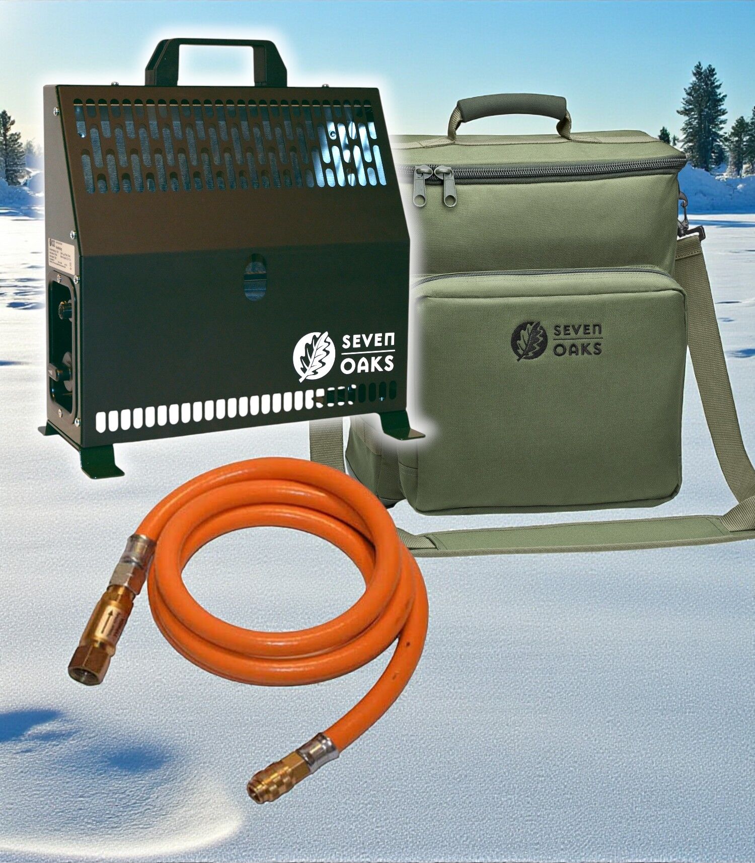 Tragbares Heizgerät mit Tragetasche und orangem Gasschlauch von Seven Oaks auf schneebedecktem Hintergrund