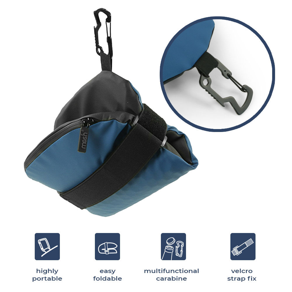 Blaue Tragetasche mit Karabiner, Klettverschluss und Reißverschluss, ideal für unterwegs, leicht und faltbar