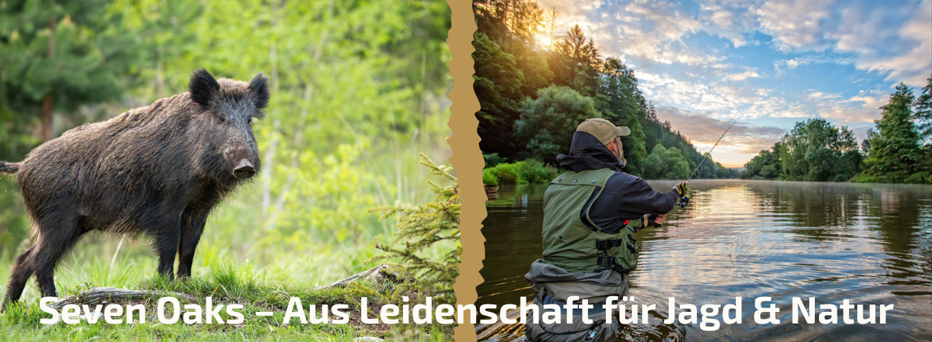 Wildschwein und Angler in der Natur – Seven Oaks: Aus Leidenschaft für Jagd & Natur Ein Wildschwein im Wald und ein Angler mit Angelrute im Fluss. Text: Seven Oaks – Aus Leidenschaft für Jagd & Natur.