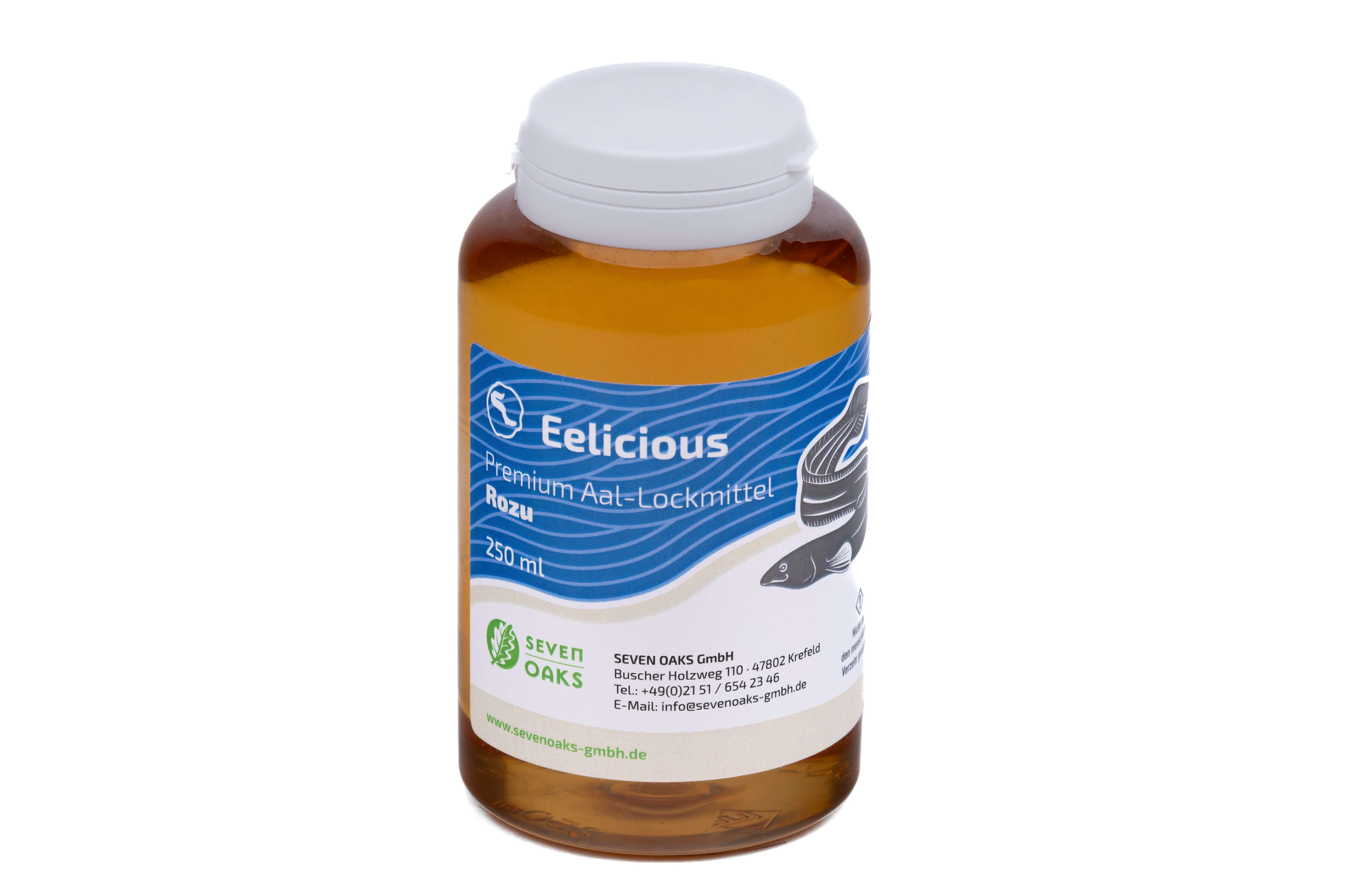 Eine Flasche Eelicious Premium Aal-Lockmittel mit 250 ml Inhalt, hergestellt von Seven Oaks GmbH.