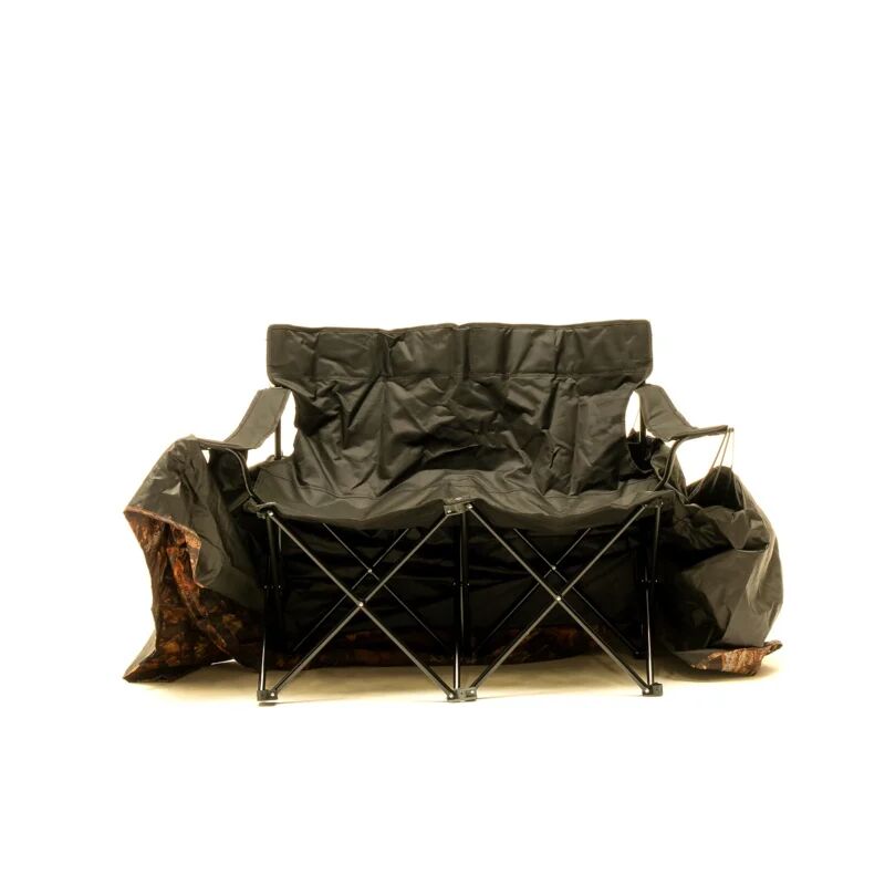 Schwarze klappbare Bank für den Außenbereich mit integriertem Tisch, ideal für Camping oder Picknicks mit robustem Gestell.